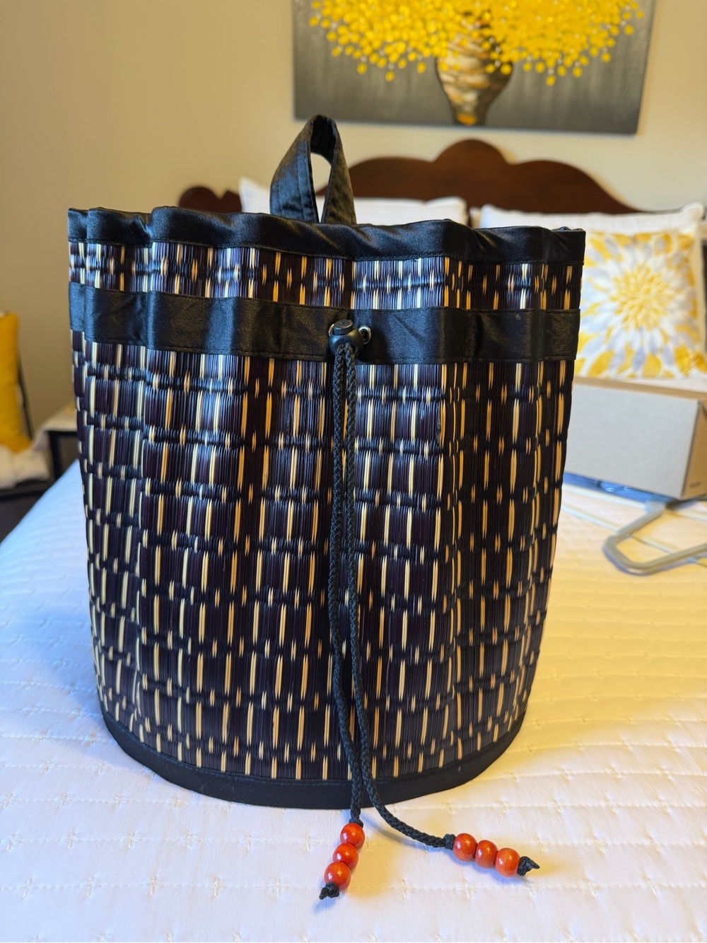 Black Woven Bucket Bag with Red Bead Accents